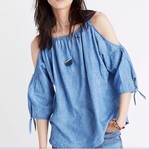 Madewell Chambray Indigo Blue Cold Shoulder Linen/Cotton Casual Top XXS